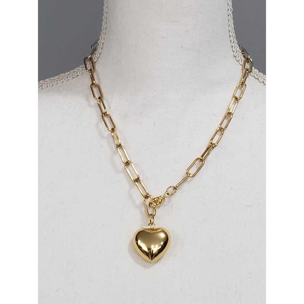 Mayamar Puffy Heart Paperclip Necklace 16" Dainty Minimalist 24kt gold plated